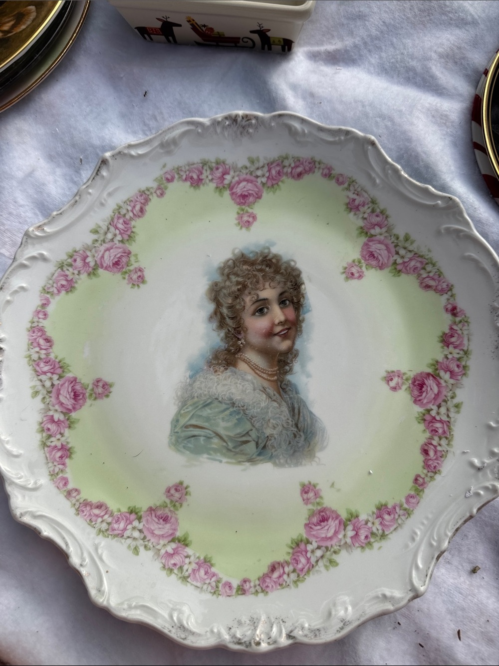 Antique Portrait Decorative Plate with Pink Rose Garland